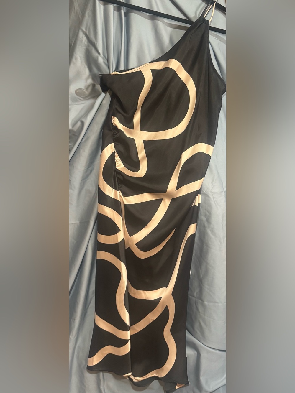Future Collective black satin one-shoulder abstract dress SMALL